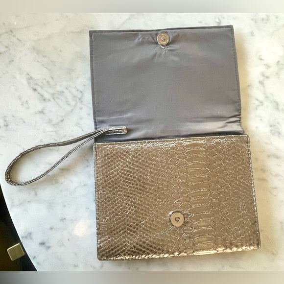 Neiman Marcus Silver Snake-embossed Wristlet, rhinestone & faux pearl accent